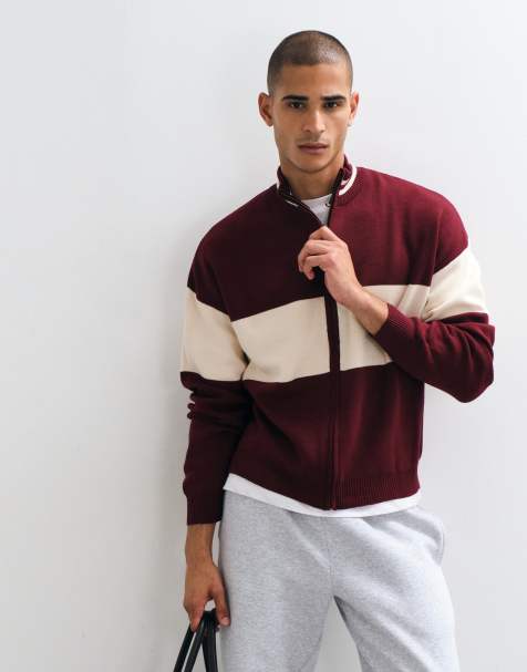 ASOS DESIGN Oversize-Strickpullover mit Stehkragen, Reißverschluss und beigem Einsatzdetail in Rot - view 1