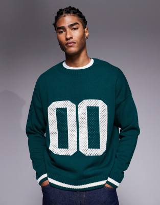 Oversize-Strickpullover mit Struktur und 00-Grafik in Dunkelgrün Grün M
