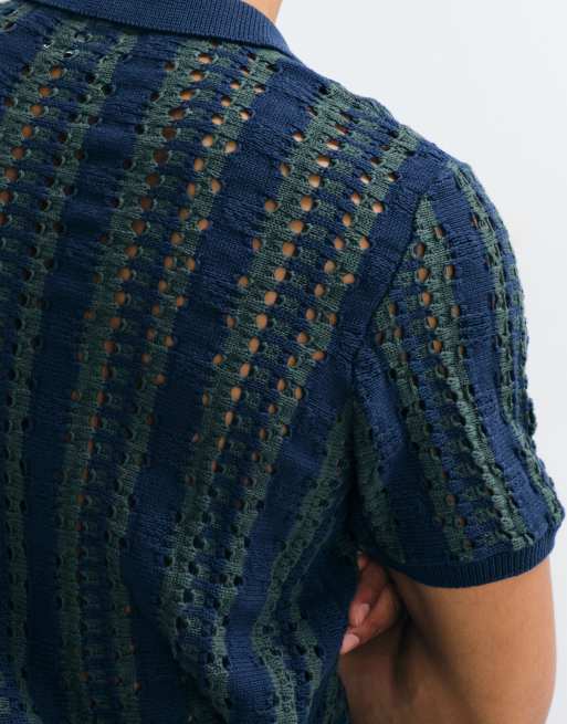 ASOS DESIGN – Oversize-Strickpullover mit strukturierten Streifen in Marineblau und Grün und eingekerbtem Ausschnitt, 2 von 5