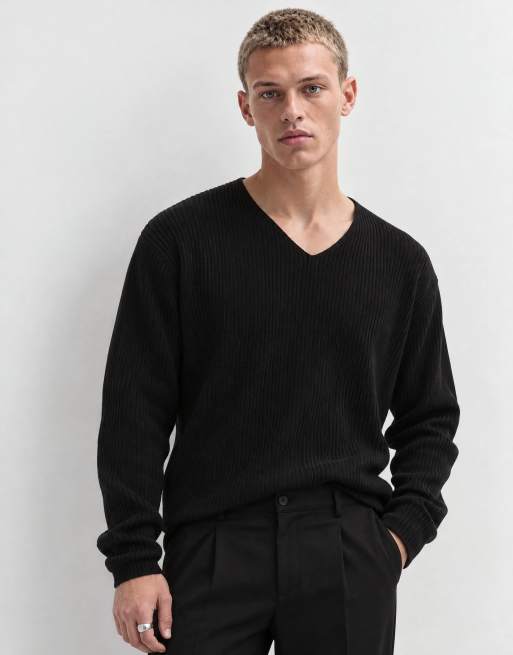 ASOS DESIGN Oversize-Strickpullover mit V-Ausschnitt in Schwarz, gerippt, 8 von 9