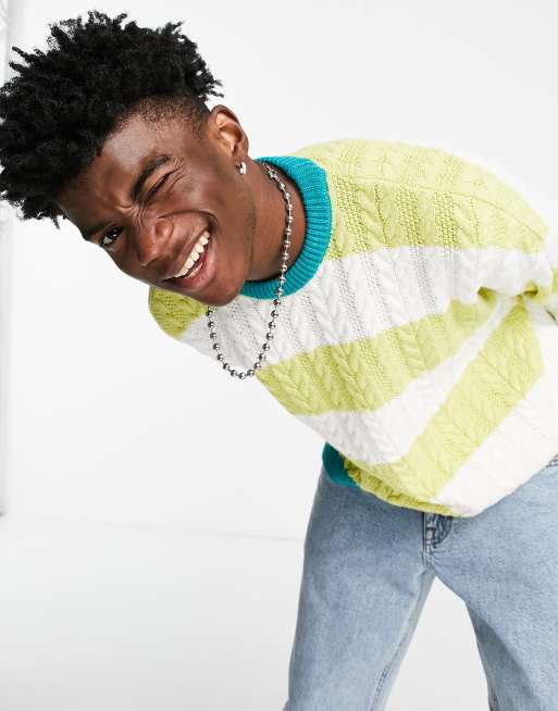 ASOS DESIGN – Oversize-Strickpullover mit Zopfmuster und Streifen in Limettengrün