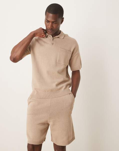 ASOS DESIGN – Oversize-Strickshorts aus mittelschwerer Baumwolle in Steinbeige, Kombiteil - view 1