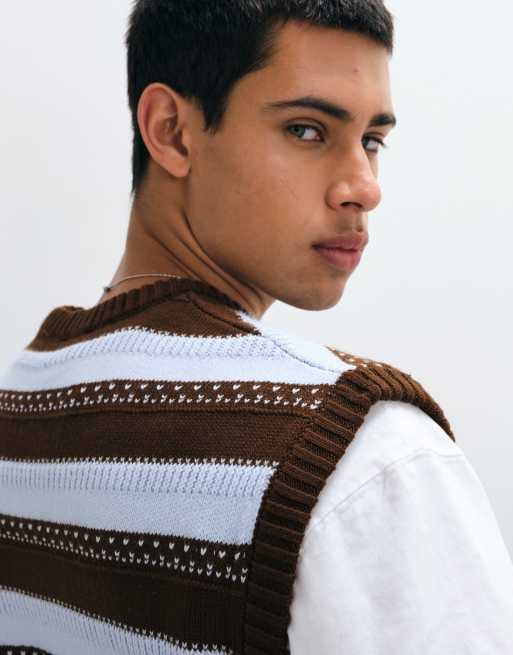 ASOS DESIGN Oversize-Strickweste mit Rundhalsausschnitt in Braun und blauem Streifenmuster, 2 von 5