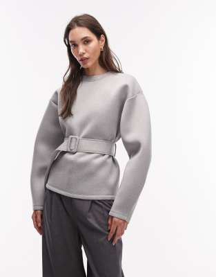 ASOS DESIGN - Oversize-Sweatshirt aus einem Textilverbundstoff in Grau meliert mit Taillengürtel
