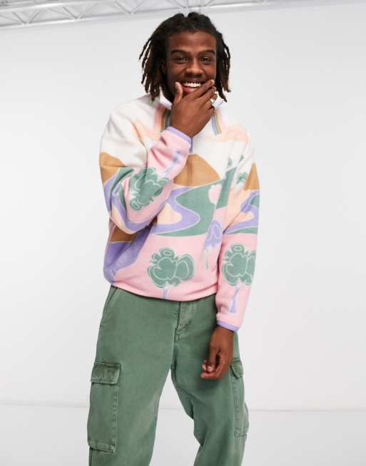 ASOS DESIGN – Oversize-Sweatshirt aus Fleece mit All-over-Landschaftsprint und halbem Reißverschluss