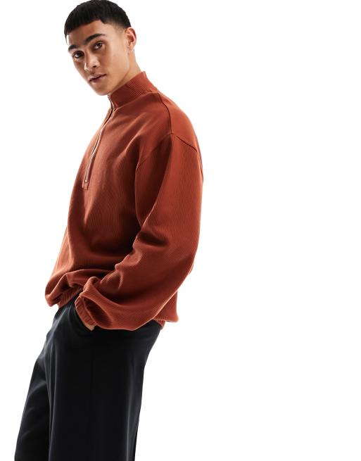 ASOS DESIGN – Oversize-Sweatshirt aus geripptem Stoff in Braun mit halbem Reißverschluss