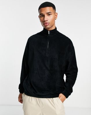 ASOS DESIGN – Oversize-Sweatshirt aus geripptem Velours in Schwarz mit kurzem Reißverschluss