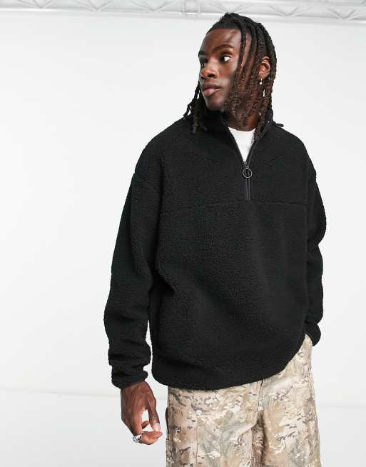 ASOS DESIGN – Oversize-Sweatshirt aus schwarzem Teddyfell mit kurzem Reißverschluss