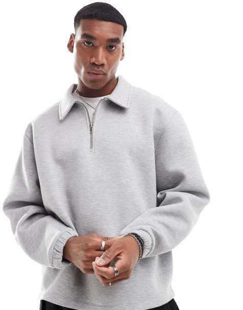 ASOS DESIGN – Oversize-Sweatshirt aus schwerem, neoprenartigem Material in Grau meliert mit kurzem Reißverschluss - view 1