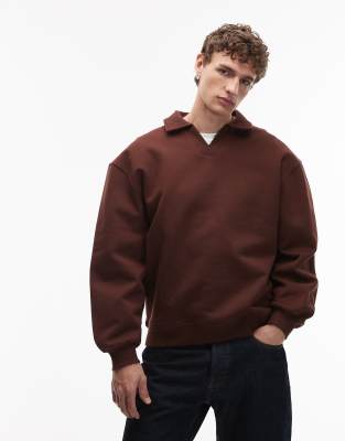 Oversize-Sweatshirt aus schwerem Stoff in Braun mit eingekerbtem Polokragen, 400 g/m²-Brown Brown 2XL