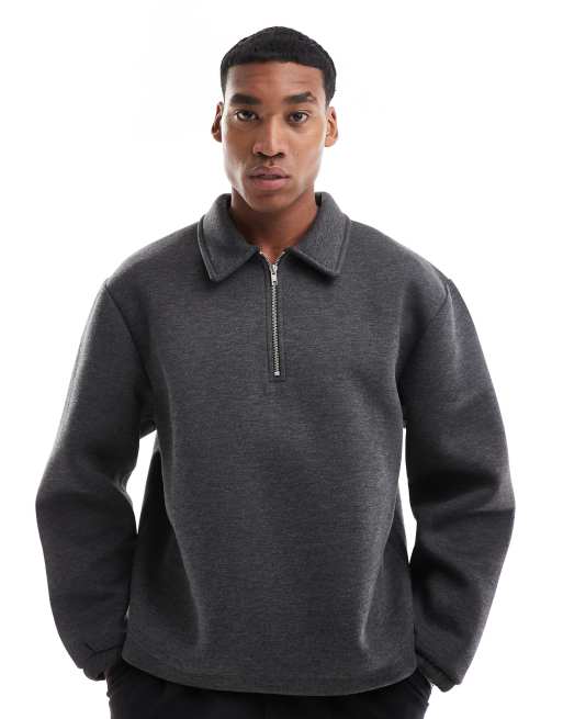 ASOS DESIGN – Oversize-Sweatshirt aus Scuba-Material in meliertem Anthrazit mit kurzem Reißverschluss