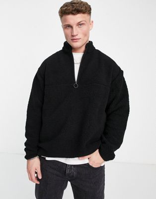 ASOS DESIGN – Oversize-Sweatshirt aus Teddyfell in Schwarz mit halblangem Reißverschluss