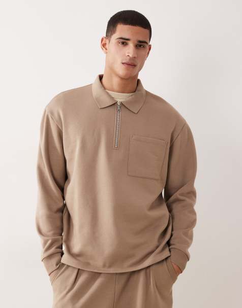 ASOS DESIGN – Oversize-Sweatshirt in Beige mit kurzem Reißverschluss und geripptem Kragen - view 1