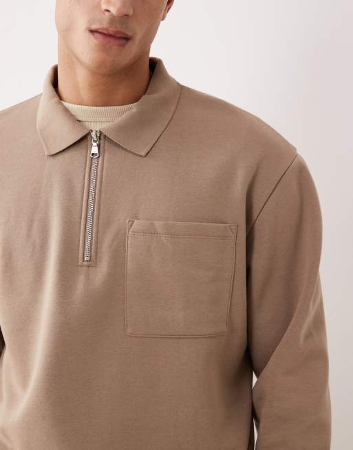ASOS DESIGN – Oversize-Sweatshirt in Beige mit kurzem Reißverschluss und geripptem Kragen, 5 von 5