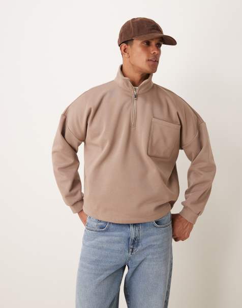 ASOS DESIGN – Oversize-Sweatshirt in Braun mit Stehkragen, abfallender Schulterpartie und Teddyfutter - view 1