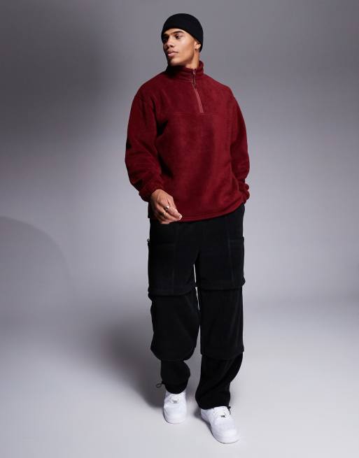 ASOS DESIGN – Oversize-Sweatshirt in Burgunderrot aus Fleece mit kurzem Reißverschluss, 3 von 4
