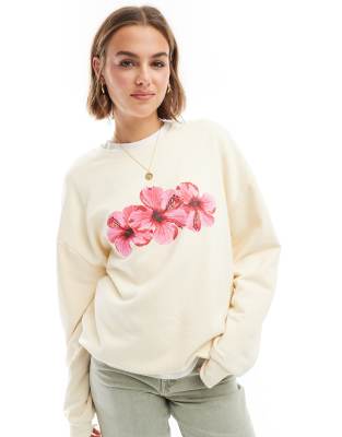 ASOS DESIGN - Oversize-Sweatshirt in Ecru mit Hibiskus-Grafikprint-Weiß