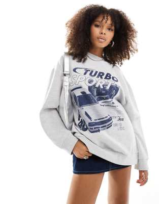 ASOS DESIGN - Oversize-Sweatshirt in Eisgrau meliert mit Turbo-Auto-Grafik