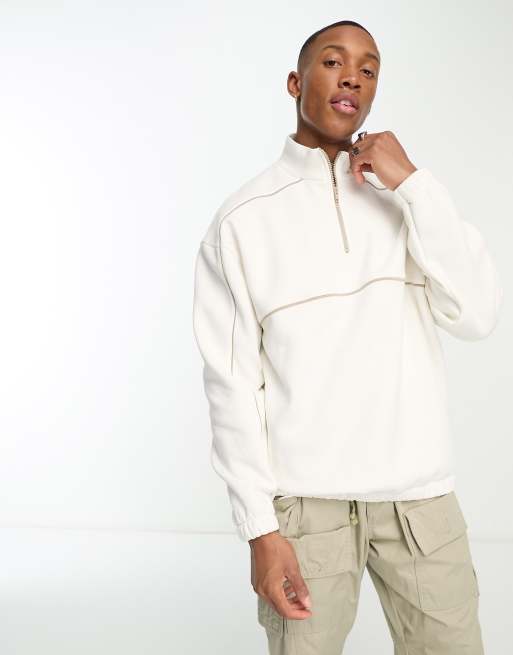 ASOS DESIGN – Oversize-Sweatshirt in gebrochenem Weiß mit kurzem Reißverschluss und Paspelierung