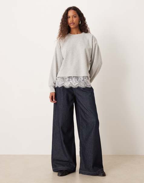 ASOS DESIGN – Oversize-Sweatshirt in Grau mit Spitzenunterlage am Saum - view 1