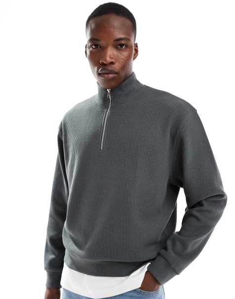 ASOS DESIGN – Oversize-Sweatshirt in Grau mit Waffelstruktur, kurzem Reißverschluss und Trichterkragen - view 1