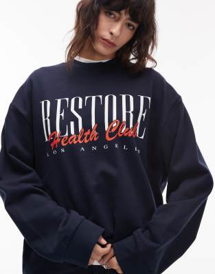 ASOS DESIGN - Oversize-Sweatshirt in Marineblau mit „Restore Health"-Grafikprint