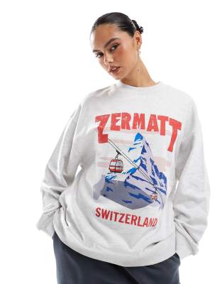 ASOS DESIGN - Oversize-Sweatshirt in meliertem Eisgrau mit „Zermatt"-Print-Weiß