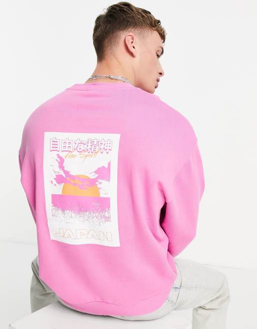 ASOS DESIGN – Oversize-Sweatshirt in Rosa mit japanischem Landschaftsprint – BPINK – BPINK