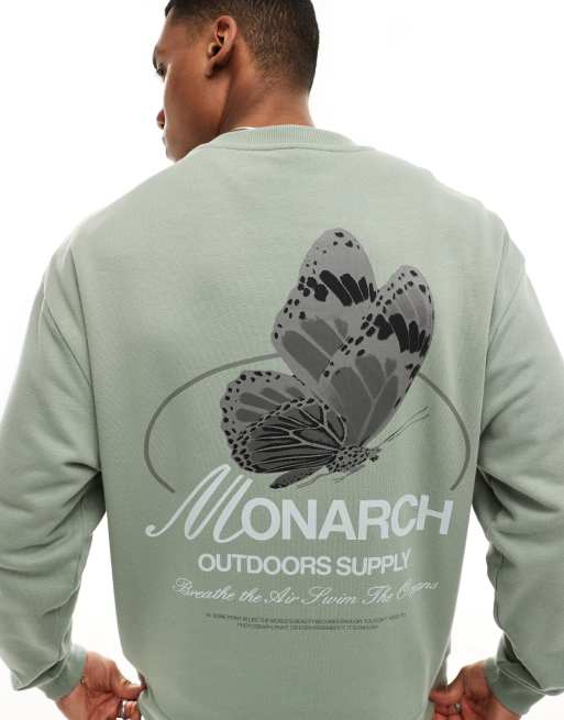 ASOS DESIGN – Oversize-Sweatshirt in Salbeigrün mit Fotoprint hinten und Print auf der Brust