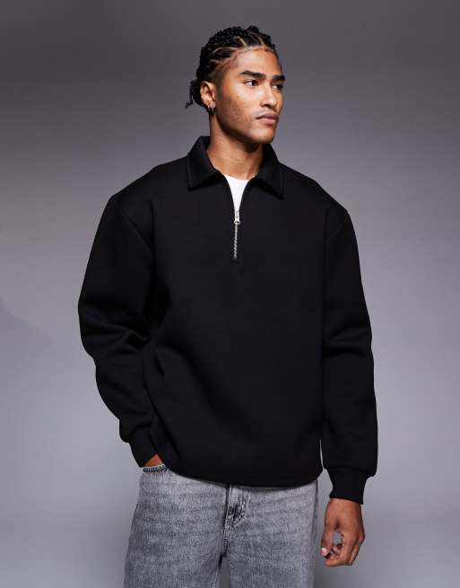 ASOS DESIGN – Oversize-Sweatshirt in Schwarz mit kurzem Reißverschluss, Kragen und festgenähtem Saum