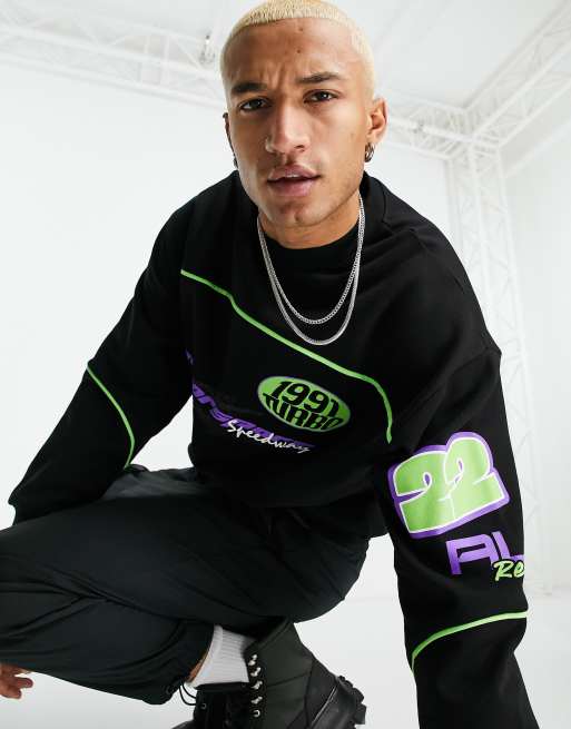 ASOS DESIGN – Oversize-Sweatshirt in Schwarz mit Zierstreifen und Motocross-Prints, 3 von 4