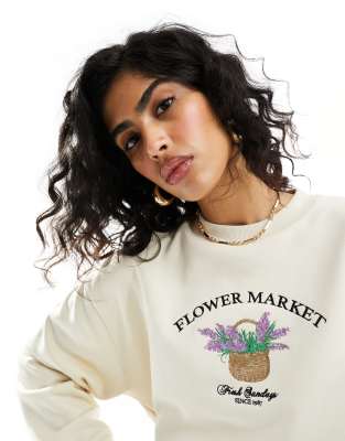 ASOS DESIGN - Oversize-Sweatshirt in Weiß mit aufgesticktem „Flower Market"-Motiv