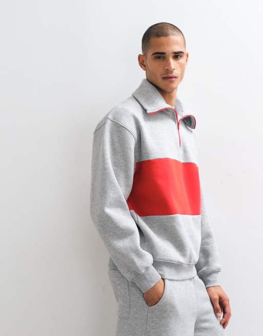 ASOS DESIGN oversize sweatshirt med halv dragkedja, kontrasterande dragkedja och bröstpanel i gråmelerad, 5 av 5