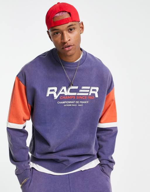 ASOS DESIGN – Oversize-Sweatshirt mit Farbblockdesign in Marineblau & Rot mit Print auf der Brust, Kombiteil