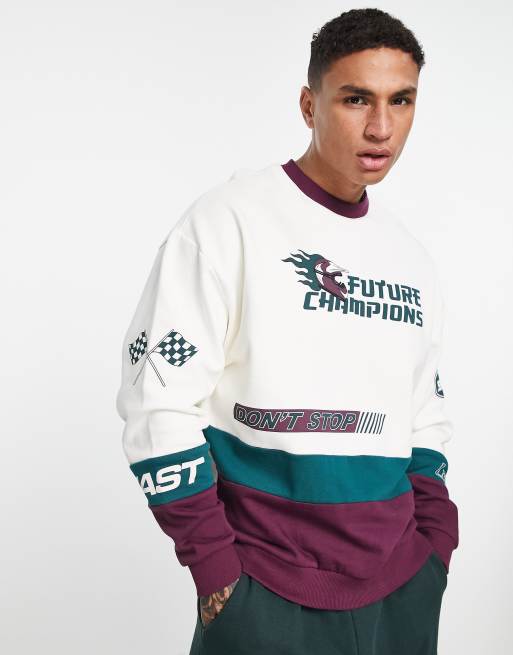 ASOS DESIGN – Oversize-Sweatshirt mit Farbblockdesign in Weiß und Burgunderrot mit mehreren Prints