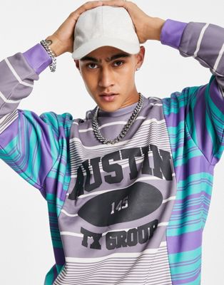 ASOS DESIGN – Oversize-Sweatshirt mit geteilten Streifen und City-Print-Mehrfarbig