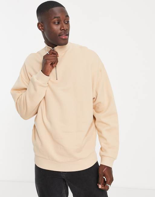 ASOS DESIGN – Oversize-Sweatshirt mit kurzem Reißverschluss in Beige