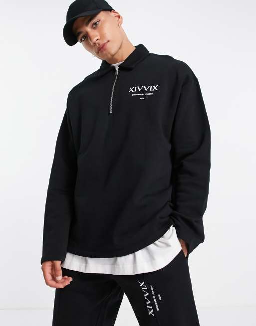 ASOS DESIGN – Oversize-Sweatshirt mit kurzem Reißverschluss und Schriftzug-Print in Schwarz, Kombiteil