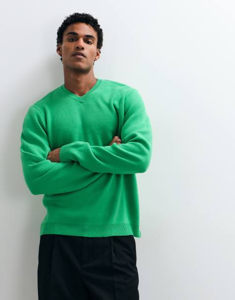 ASOS DESIGN oversize sweter dzianinowy z dekoltem w serek w zielonym kolorze - view 1