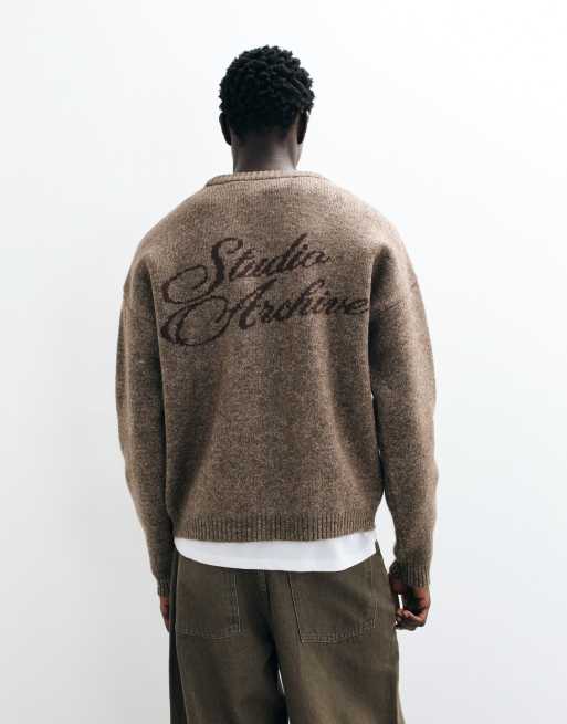 ASOS DESIGN oversize sweter dzianinowy z haftem w brązowym melanżu, 5 z 5