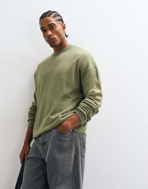 ASOS DESIGN oversize sweter z okrągłym dekoltem w kolorze khaki, prążkowany - view 1