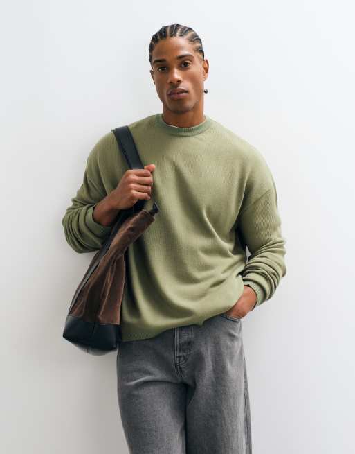 ASOS DESIGN oversize sweter z okrągłym dekoltem w kolorze khaki, prążkowany, 3 z 5