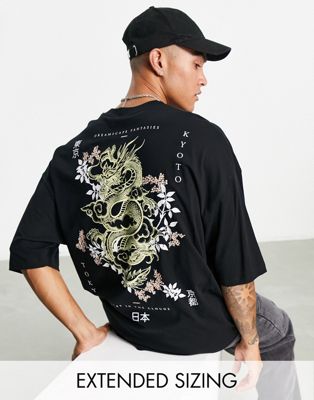 ASOS DESIGN – Oversize-T-Shirt hinten ASOS | Schwarz Baumwollmix Drachen-Print aus mit in