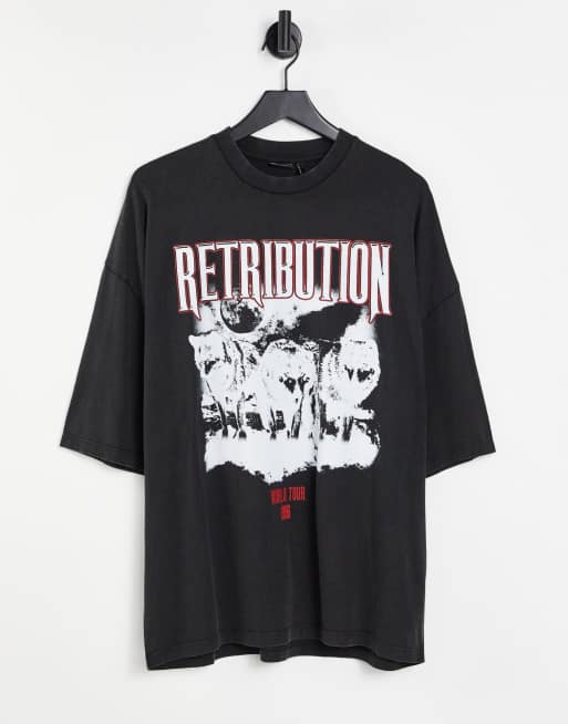 ASOS DESIGN – Oversize-T-Shirt aus Baumwollmix in verwaschenem Schwarz mit Wolf-Print - BLACK