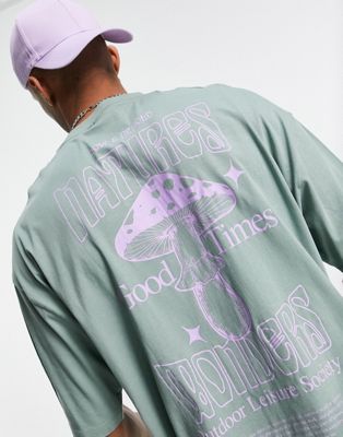 ASOS DESIGN – Oversize-T-Shirt aus Bio-Baumwollmix in Grau mit Pilz-Aufdruck hinten