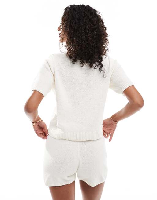 ASOS DESIGN – Oversize-T-Shirt aus Bouclé-Strick in Ecru, Kombiteil, 3 von 4