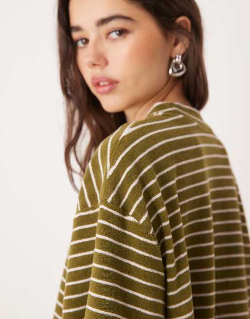 ASOS DESIGN – Oversize-T-Shirt aus Frottee in gestreiftem Khaki, Kombiteil, 4 von 4