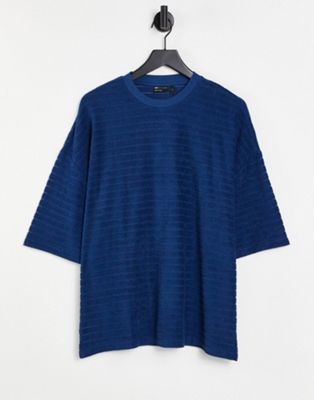 ASOS DESIGN – Oversize-T-Shirt aus gestreiftem Frottee in Blau
