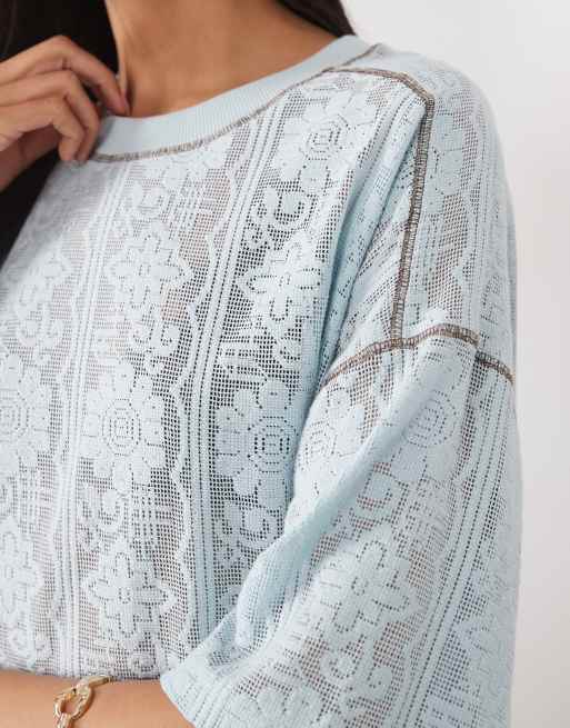 ASOS DESIGN – Oversize-T-Shirt aus Häkeljersey in Babyblau, 3 von 4