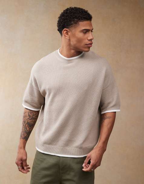 ASOS DESIGN – Oversize-T-Shirt aus Piqué-Strick in Steinbeige mit Rundhalsausschnitt - view 1